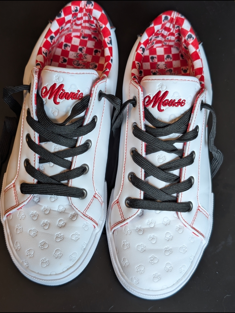 Minnie Mouse White Sneakers with Red Trim and Black Laces